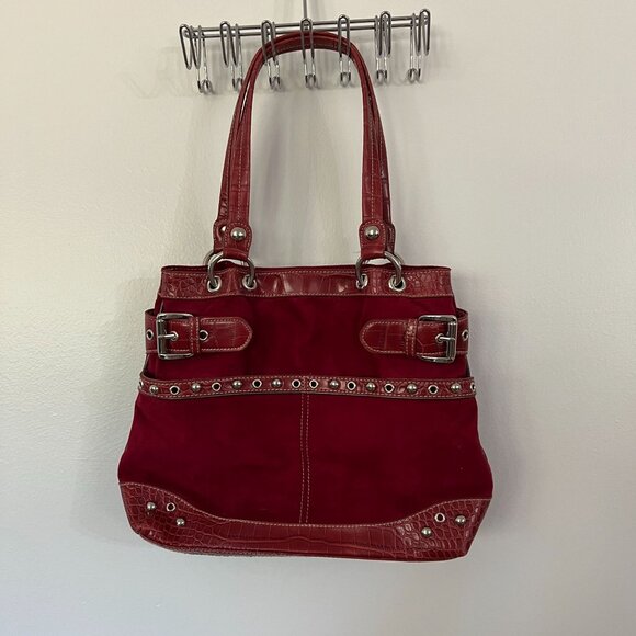 Genuine Red Suede & Faux Crocodile Leather Shoulder Bag By Genna De Rossi With B - Picture 1 of 9